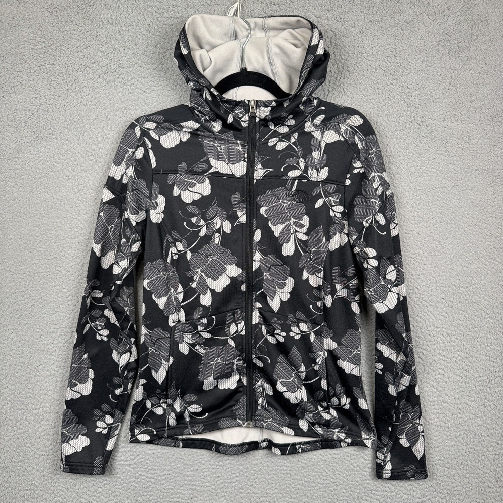 North Face Hoodie Womens S Black White Floral Full Zip Lightweight